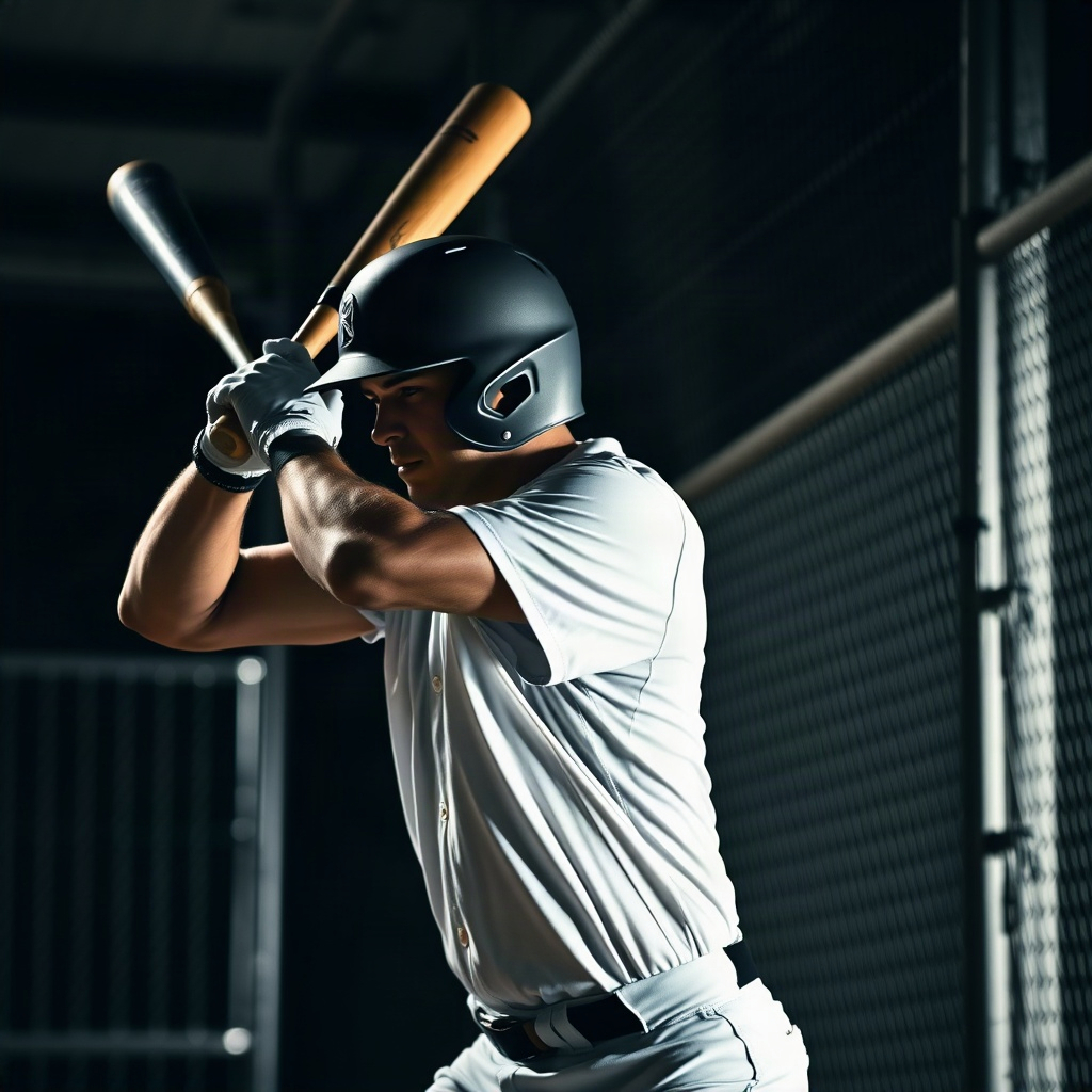 Professional baseball player in mid-swing at a training facility